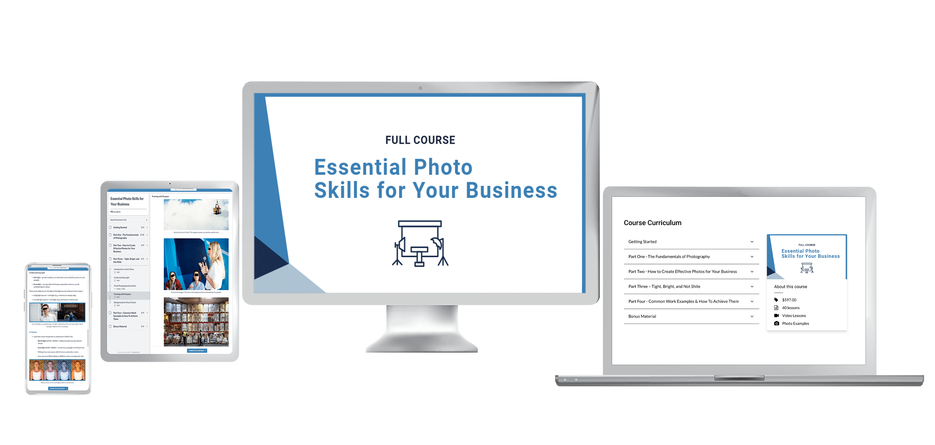 Essential Photo Skills for Your Business is an online digital course that is available on tablets, smartphones, laptops and desktop computers